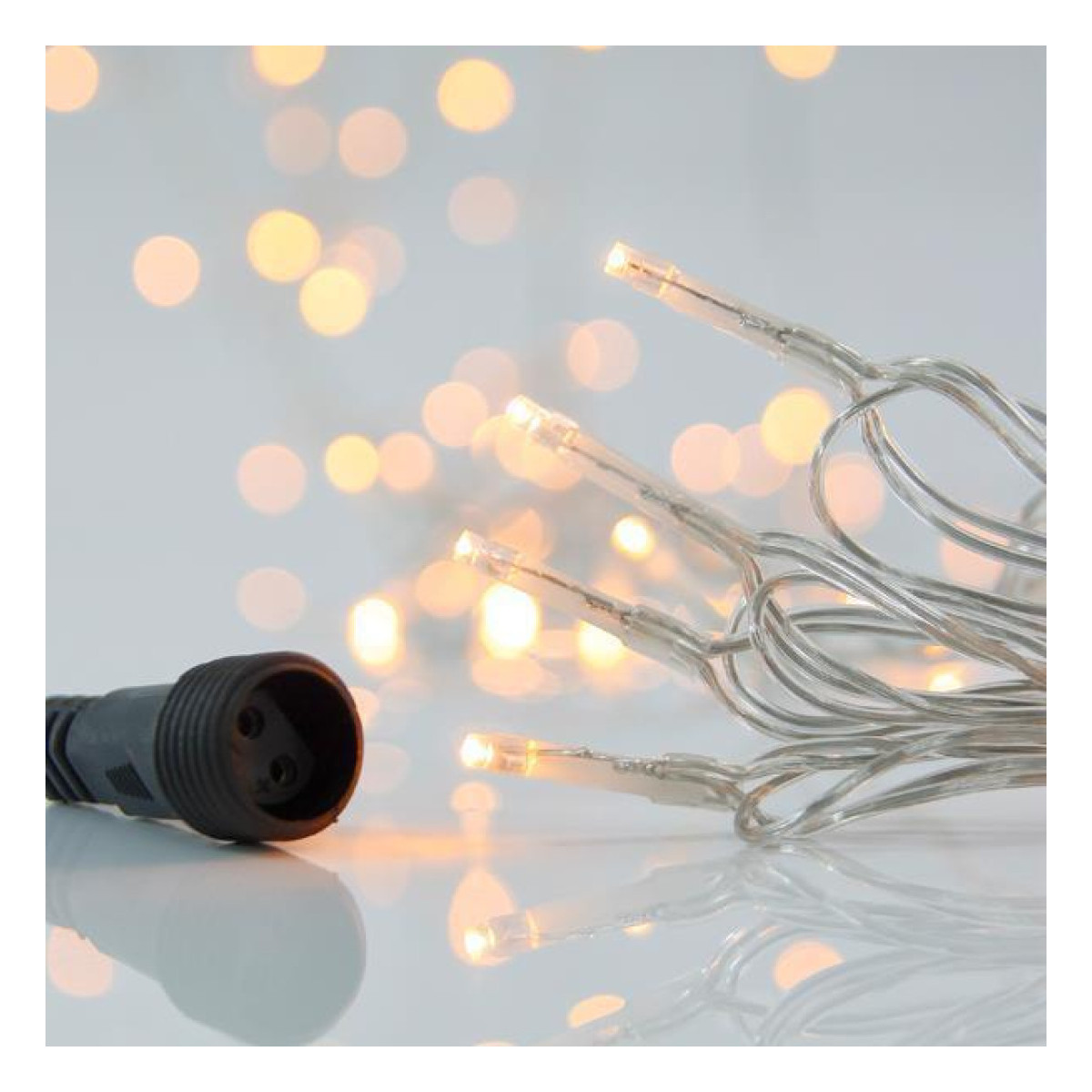 Ghirlanda PRO 300 LED, 4 Conectori pana la 3 Seturi, Fir Transparent, Alb Cald, 5cm, Cablu 3m, IP44