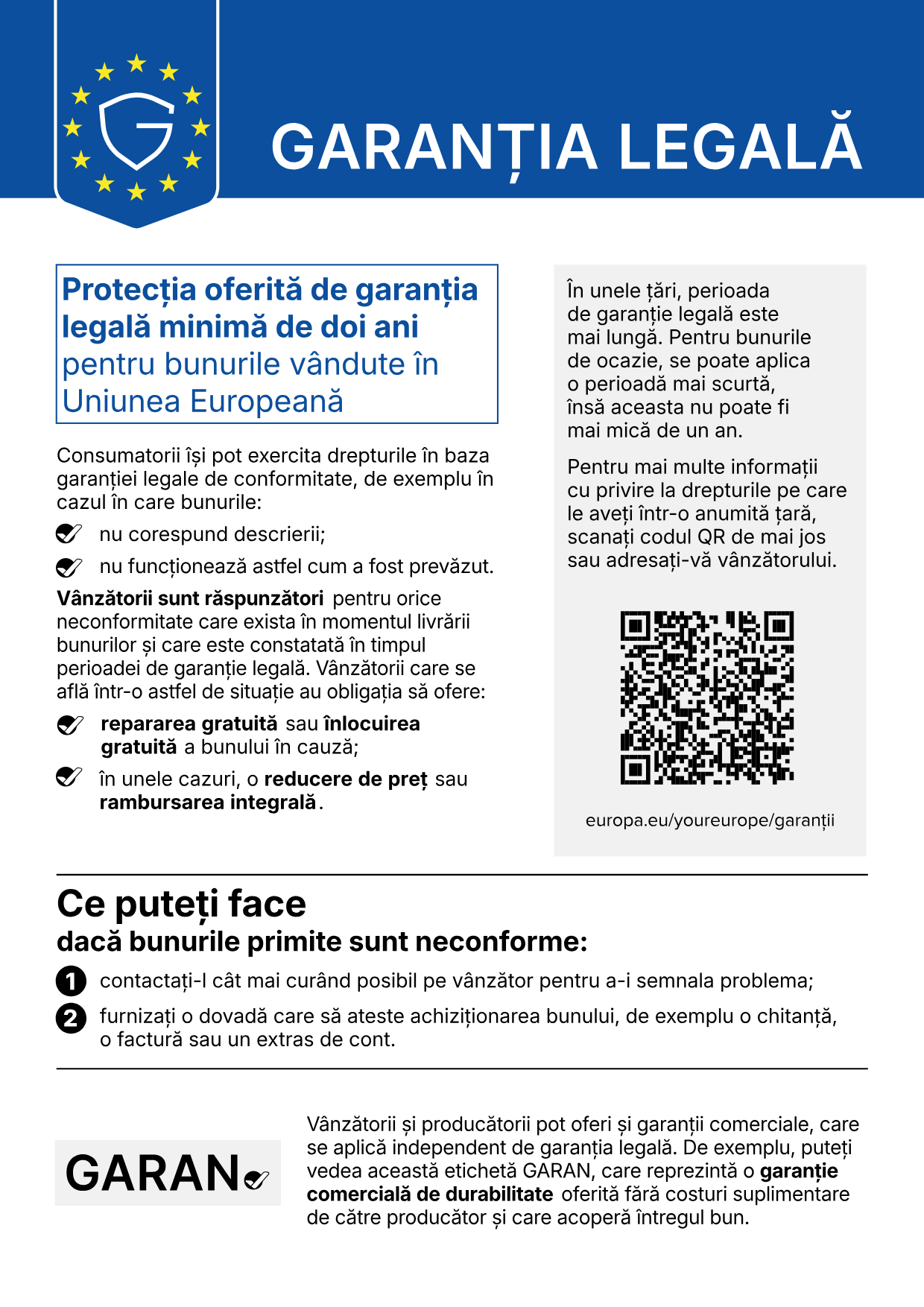 Notificarea armonizată UE „Garanția legală” — protecția oferită de garanția legală minimă de doi ani pentru bunurile vândute în Uniunea Europeană
